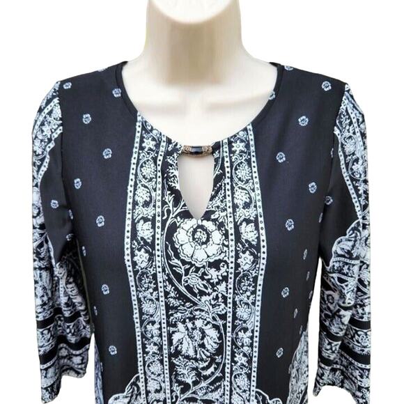 Melissa Paige Blouse Women's Size S Black White Floral Damask Print Career Top - Picture 2 of 9